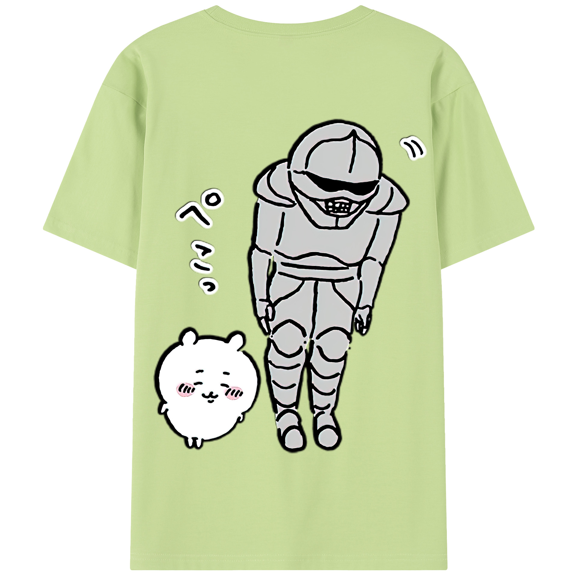 （画像用） ちいかわ 労働の鎧さん Chii-kawa Mr. Armor of Labor 綿100％半袖Tシャツ（背面プリント）